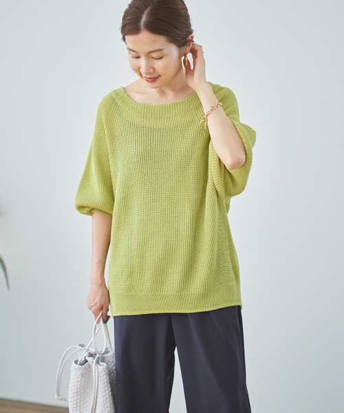 IENAイエナ リネンコットンオーバーニット　透け感　グリーン IENA（イエナ）の「リネンノースリーブプルオーバー（ニット