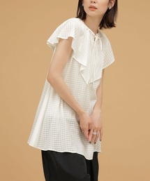 新品　ナノユニバース　シアーチェック　半袖ブラウス　パフスリーブ　ホワイト NANO universe ブラウス シャツ シアーチェックギャザー2way