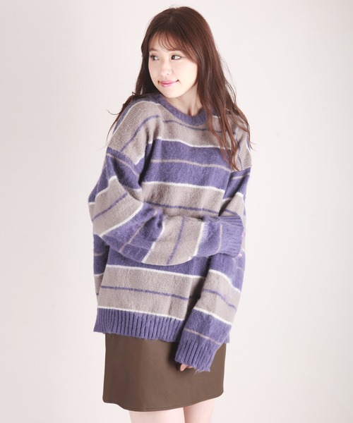 WESTSEA(ウエストシー)の「モヘヤライク起毛 ボーダーオーバーサイズ クルーニット(ニット/セーター・メンズ・ブラック×ブルー/パープル/ブラック/ダークネイビー/モスグリーン/ロイヤルブルー・M/L)」の1枚目の写真