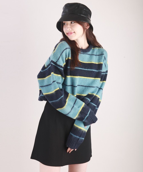 WESTSEA(ウエストシー)の「モヘヤライク起毛 ボーダーオーバーサイズ クルーニット(ニット/セーター・メンズ・ブラック×ブルー/パープル/ブラック/ダークネイビー/モスグリーン/ロイヤルブルー・M/L)」の6枚目の写真
