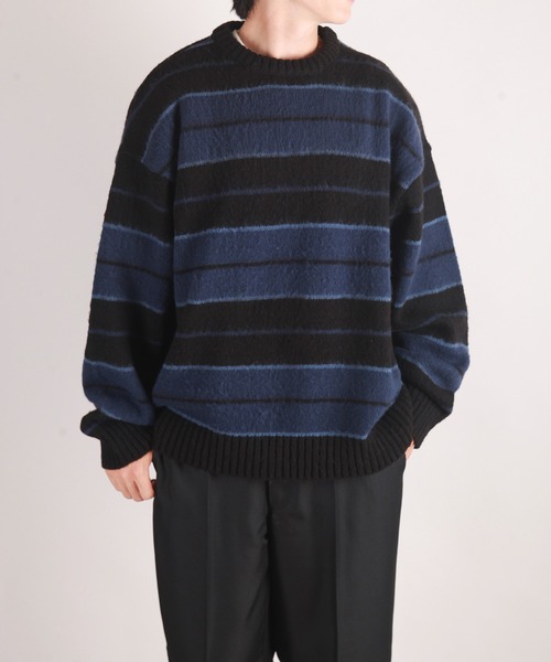 WESTSEA(ウエストシー)の「モヘヤライク起毛 ボーダーオーバーサイズ クルーニット(ニット/セーター・メンズ・ブラック×ブルー/パープル/ブラック/ダークネイビー/モスグリーン/ロイヤルブルー・M/L)」の7枚目の写真