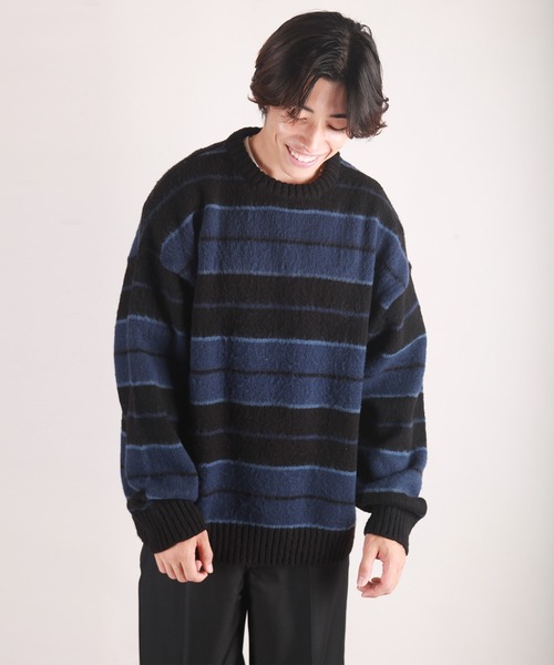 WESTSEA(ウエストシー)の「モヘヤライク起毛 ボーダーオーバーサイズ クルーニット(ニット/セーター・メンズ・ブラック×ブルー/パープル/ブラック/ダークネイビー/モスグリーン/ロイヤルブルー・M/L)」の9枚目の写真