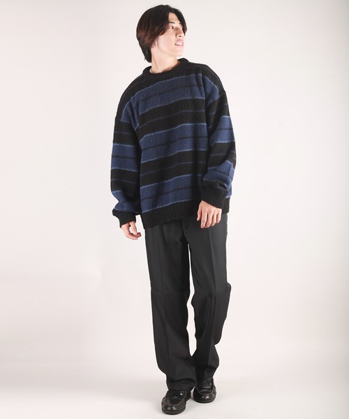 WESTSEA(ウエストシー)の「モヘヤライク起毛 ボーダーオーバーサイズ クルーニット(ニット/セーター・メンズ・ブラック×ブルー/パープル/ブラック/ダークネイビー/モスグリーン/ロイヤルブルー・M/L)」の10枚目の写真