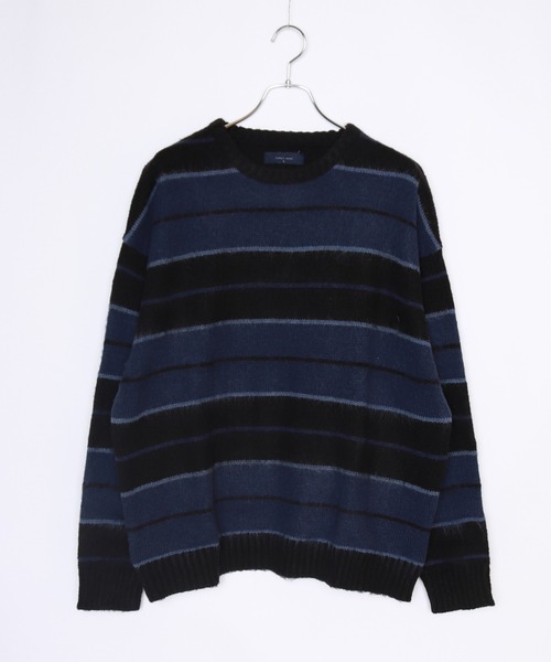 WESTSEA(ウエストシー)の「モヘヤライク起毛 ボーダーオーバーサイズ クルーニット(ニット/セーター・メンズ・ブラック×ブルー/パープル/ブラック/ダークネイビー/モスグリーン/ロイヤルブルー・M/L)」の12枚目の写真
