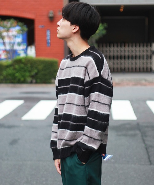 WESTSEA(ウエストシー)の「モヘヤライク起毛 ボーダーオーバーサイズ クルーニット(ニット/セーター・メンズ・ブラック×ブルー/パープル/ブラック/ダークネイビー/モスグリーン/ロイヤルブルー・M/L)」の18枚目の写真