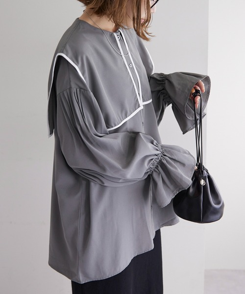 DISCOAT（ディスコート）の「【WEB限定】ビッグカラーパイピングブラウス（シャツ/ブラウス・レディース・ホワイト/ブラック/ブラウン/グレー・FREE）」の3枚目の写真