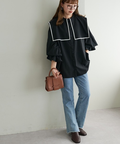 DISCOAT（ディスコート）の「【WEB限定】ビッグカラーパイピングブラウス（シャツ/ブラウス・レディース・ホワイト/ブラック/ブラウン/グレー・FREE）」の21枚目の写真