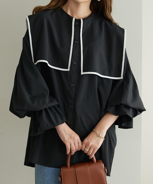 DISCOAT（ディスコート）の「【WEB限定】ビッグカラーパイピングブラウス（シャツ/ブラウス・レディース・ホワイト/ブラック/ブラウン/グレー・FREE）」の11枚目の写真