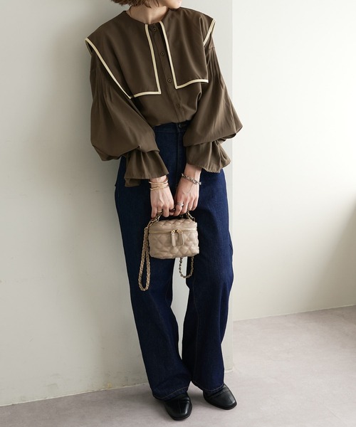 DISCOAT（ディスコート）の「【WEB限定】ビッグカラーパイピングブラウス（シャツ/ブラウス・レディース・ホワイト/ブラック/ブラウン/グレー・FREE）」の8枚目の写真