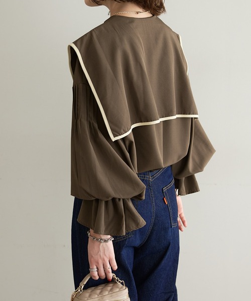 DISCOAT（ディスコート）の「【WEB限定】ビッグカラーパイピングブラウス（シャツ/ブラウス・レディース・ホワイト/ブラック/ブラウン/グレー・FREE）」の9枚目の写真