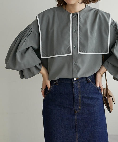 DISCOAT（ディスコート）の「【WEB限定】ビッグカラーパイピングブラウス（シャツ/ブラウス・レディース・ホワイト/ブラック/ブラウン/グレー・FREE）」の10枚目の写真