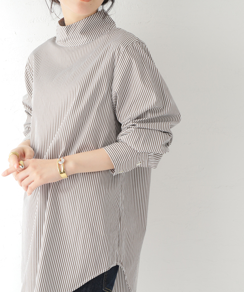 セール】ストライプハイネックロングシャツ（シャツ/ブラウス