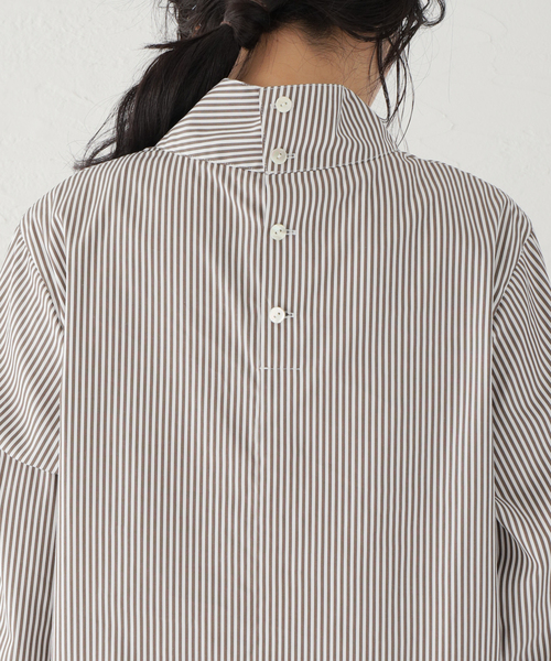 ストライプ ハイネック長袖シャツ セール】ストライプハイネックロングシャツ（シャツ/ブラウス