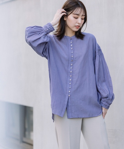 Munich(ミューニック)の「コットンビスコースボイルタックギャザーブラウス(シャツ/ブラウス・レディース・パープル/ブラック/ホワイト/グレイッシュベージュ・FREE)」の8枚目の写真