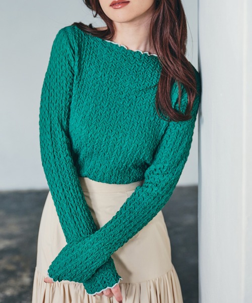 ECRIRE（エクリール）の「配色ジャガードシアーインナー（Tシャツ/カットソー・レディース・ブラック/グリーン/アイボリー/ベージュ・M）」の4枚目の写真