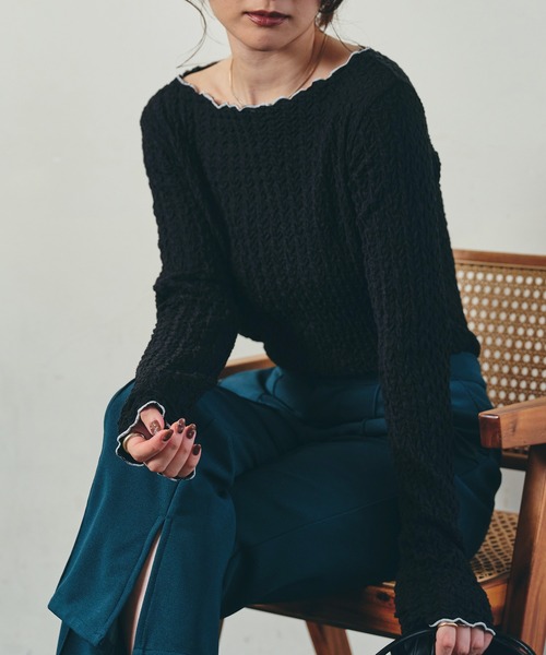 ECRIRE（エクリール）の「配色ジャガードシアーインナー（Tシャツ/カットソー・レディース・ブラック/グリーン/アイボリー/ベージュ・M）」の3枚目の写真