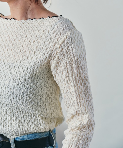 ECRIRE（エクリール）の「配色ジャガードシアーインナー（Tシャツ/カットソー・レディース・ブラック/グリーン/アイボリー/ベージュ・M）」の8枚目の写真