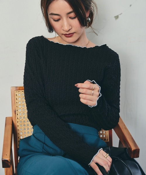 ECRIRE（エクリール）の「配色ジャガードシアーインナー（Tシャツ/カットソー・レディース・ブラック/グリーン/アイボリー/ベージュ・M）」の10枚目の写真