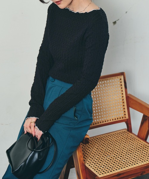 ECRIRE（エクリール）の「配色ジャガードシアーインナー（Tシャツ/カットソー・レディース・ブラック/グリーン/アイボリー/ベージュ・M）」の15枚目の写真