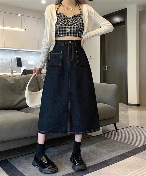 FREE STYLISTS（フリー スタイリスト）の「フロントスリットデニムスカート（デニムスカート・レディース・ブルー/ネイビー・S/M/L/XL）」の6枚目の写真