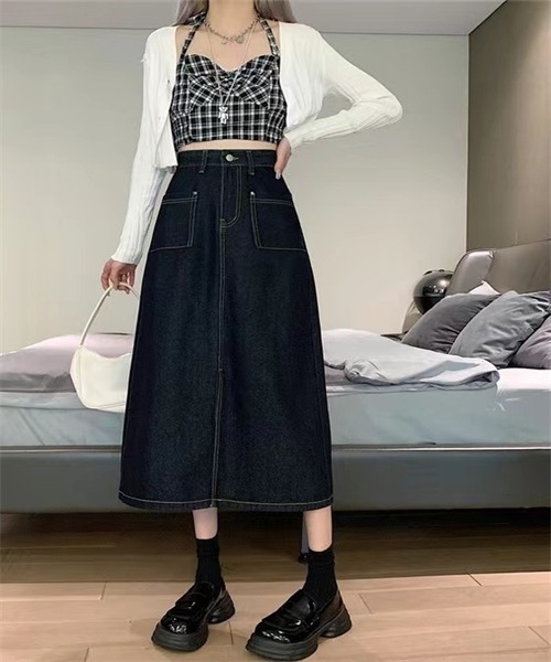 FREE STYLISTS（フリー スタイリスト）の「フロントスリットデニムスカート（デニムスカート・レディース・ブルー/ネイビー・S/M/L/XL）」の4枚目の写真