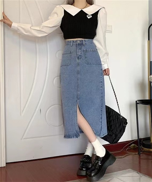 FREE STYLISTS（フリー スタイリスト）の「フロントスリットデニムスカート（デニムスカート・レディース・ブルー/ネイビー・S/M/L/XL）」の19枚目の写真