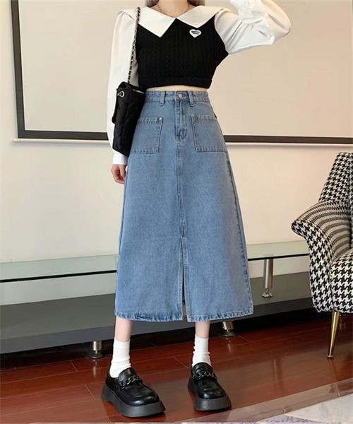 FREE STYLISTS（フリー スタイリスト）の「フロントスリットデニムスカート（デニムスカート・レディース・ブルー/ネイビー・S/M/L/XL）」の16枚目の写真