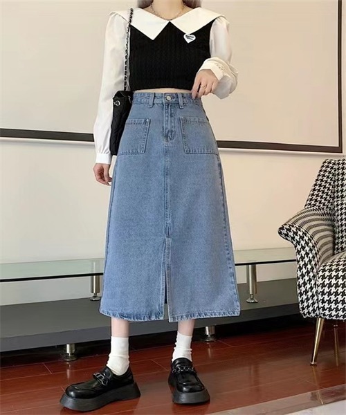 FREE STYLISTS（フリー スタイリスト）の「フロントスリットデニムスカート（デニムスカート・レディース・ブルー/ネイビー・S/M/L/XL）」の18枚目の写真