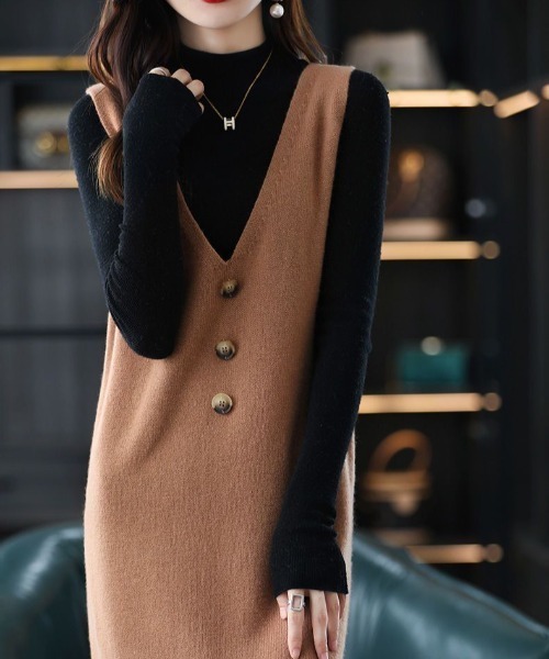 deux amour（ドゥーザムール）の「マーブルボタン深VニットノースリOP（ワンピース・レディース・グレー/ベージュ/ブラウン・FREE）」の9枚目の写真