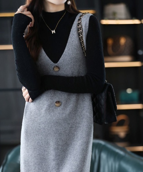 deux amour（ドゥーザムール）の「マーブルボタン深VニットノースリOP（ワンピース・レディース・グレー/ベージュ/ブラウン・FREE）」の5枚目の写真