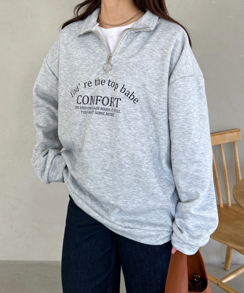 un+frame(アンフレーム)の「college logo half zip sweat/カレッジロゴハーフジップスウェットプルオーバー/ユニセックス(スウェット・レディース・グレー/ネイビー/オートミール・FREE)」の4枚目の写真