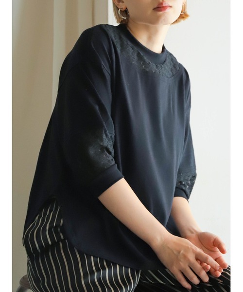 FIL DE FER(フィルデフェール)の「レース天竺コンビ パフスリーブP/O(Tシャツ/カットソー・レディース・ホワイト/ネイビー/ブラック・FREE)」の2枚目の写真