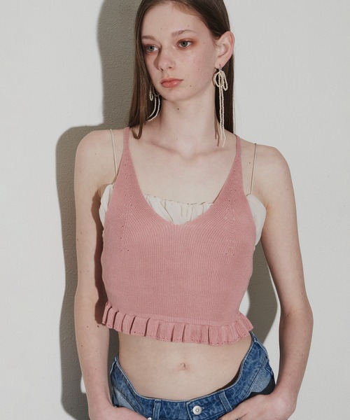 ハンドメイド ニット キャミソール ボリュームフリル ピンク