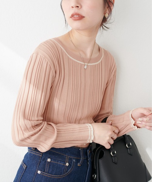 natural couture(ナチュラルクチュール)の「WEB限定 / ランダムリブ配色きれいめニット(ニット/セーター・レディース・アイボリー/ラベンダー/ネイビー/オレンジ/グレイッシュベージュ・FREE)」の5枚目の写真