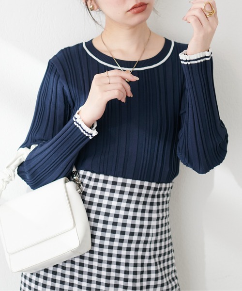 natural couture(ナチュラルクチュール)の「WEB限定 / ランダムリブ配色きれいめニット(ニット/セーター・レディース・アイボリー/ラベンダー/ネイビー/オレンジ/グレイッシュベージュ・FREE)」の21枚目の写真