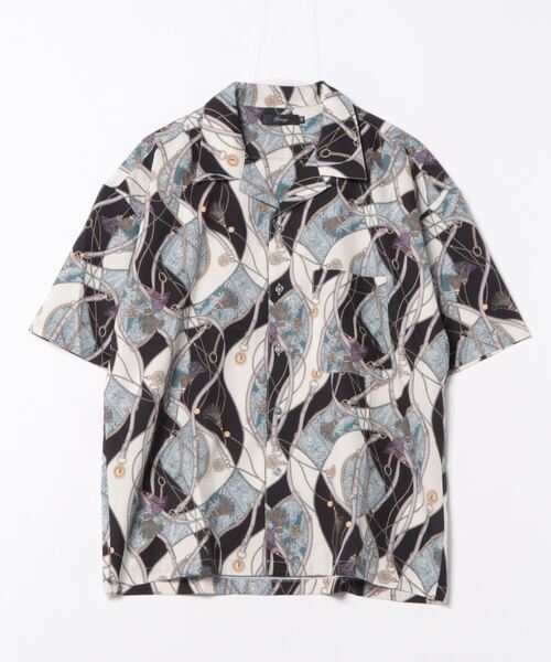 ブラウス☆柄シャツ　シルク100　開襟　オープンカラー　スカーフ柄　総柄　光沢感 JUGLANS（ユグランス）の「【RINGS】スカーフ柄開襟