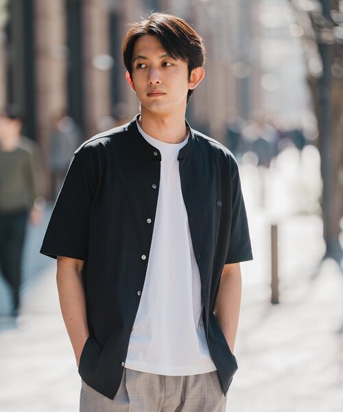 EDIFICELACOSTE 別注 バンドカラー フルオープン ポロシャツ　黒 吸水速乾＆高通気