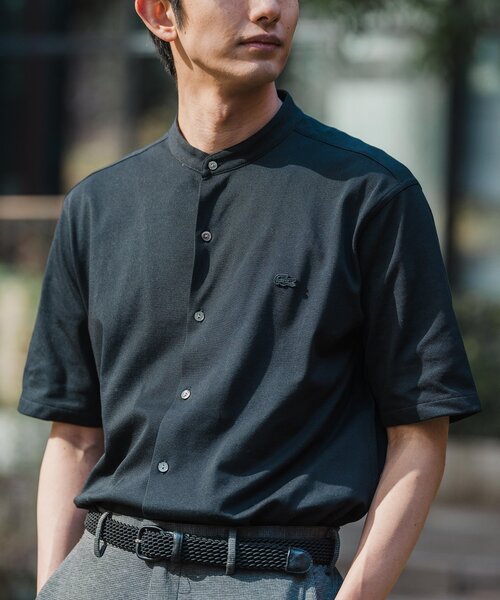 専用LACOSTE×EDIFICE別注バンドカラー フルオープンポロシャツ03黒 エディフィス EDIFICE LACOSTE (ラコステ) 別注 バンドカラー