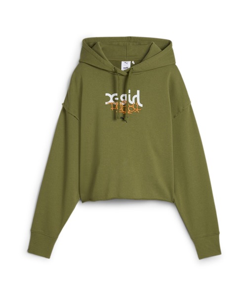 PUMA（プーマ）の「PUMA プーマ ウィメンズ PUMA x X-girl グラフィック フーディ（パーカー・レディース・オリーブ/ライトグレー/ブラック・MEDIUM/SMALL/X-SMALL/LARGE）」の3枚目の写真