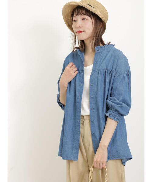 Samansa Mos2（サマンサ モスモス）の「◎デニム前開きギャザーブラウス（シャツ/ブラウス・レディース・ブルー/サックスブルー・F）」の2枚目の写真