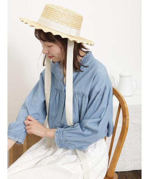 Samansa Mos2（サマンサ モスモス）の「◎デニム前開きギャザーブラウス（シャツ/ブラウス・レディース・ブルー/サックスブルー・F）」の5枚目の写真