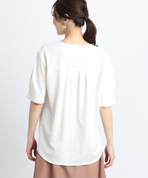 リフレクト　UVカット／接触冷感　五分袖Vネックプルオーバー　ホワイト　9号 SALE／マシンウォッシュ可能／UVカット／接触冷感】五分袖V