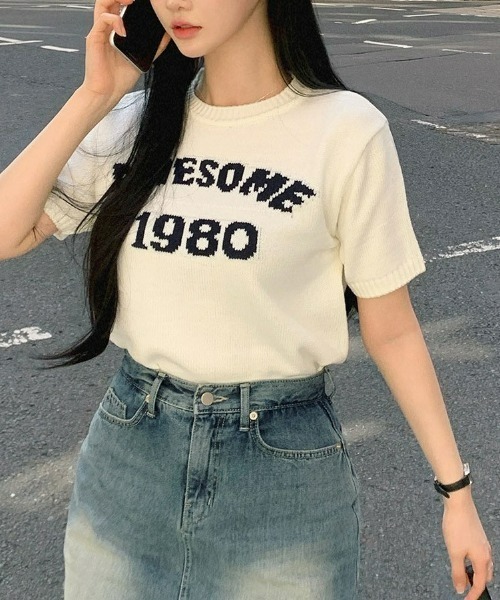 BEIDELLI（ベイデリー）の「[BELLIDE MADE] AWESOMEラウンド配色半袖ニット（Tシャツ/カットソー・レディース・ネイビー/ホワイト・FREE）」の7枚目の写真