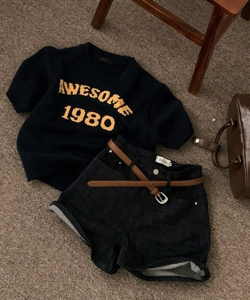 BEIDELLI（ベイデリー）の「[BELLIDE MADE] AWESOMEラウンド配色半袖ニット（Tシャツ/カットソー・レディース・ネイビー/ホワイト・FREE）」の12枚目の写真