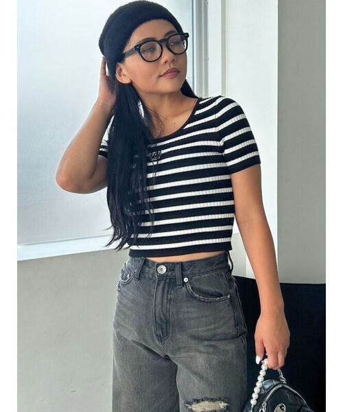 GYDA（ジェイダ）の「GYGYプレートハーフスリーブニットトップス（ニット/セーター・レディース・ブラック/オフホワイト/その他1・FREE）」の11枚目の写真