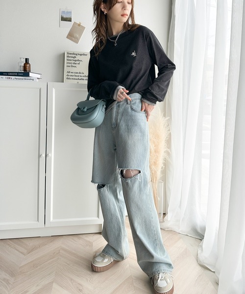 classicalelf(クラシカルエルフ)の「ヴィンテージ感をプラス。綿100%衿バイカラーワンポイント刺繍ロンTシャツ(Tシャツ/カットソー・レディース・カーキ/アイボリー/グレイッシュベージュ/ブラック・X-LARGE/SMALL/MEDIUM/LARGE)」の10枚目の写真