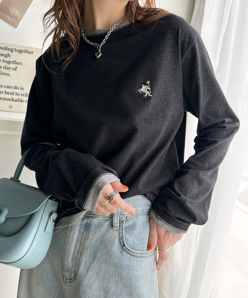 classicalelf(クラシカルエルフ)の「ヴィンテージ感をプラス。綿100%衿バイカラーワンポイント刺繍ロンTシャツ(Tシャツ/カットソー・レディース・カーキ/アイボリー/グレイッシュベージュ/ブラック・X-LARGE/SMALL/MEDIUM/LARGE)」の8枚目の写真