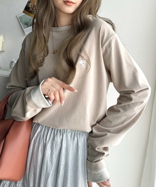 classicalelf(クラシカルエルフ)の「ヴィンテージ感をプラス。綿100%衿バイカラーワンポイント刺繍ロンTシャツ(Tシャツ/カットソー・レディース・カーキ/アイボリー/グレイッシュベージュ/ブラック・X-LARGE/SMALL/MEDIUM/LARGE)」の11枚目の写真