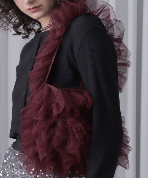 ROSE BUD（ローズバッド）の「チュールフリルショルダーバッグ（ショルダーバッグ・レディース・グレー/ブラック/ワインレッド・FREE）」の10枚目の写真