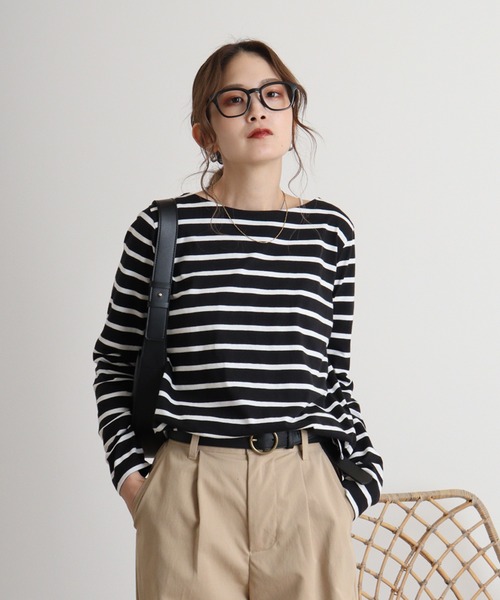 atONE（アットワン）の「atONE サイドスリットラウンドネックボーダーロングスリーブカットソー（Tシャツ/カットソー・レディース・ブラック×ホワイト/ホワイト×ブラック・M/4L/3L/LL/L）」の8枚目の写真